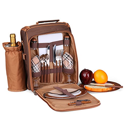 Flexzion Picnic Backpack Kit - Camping Bag Set for 2 Person with Cooler Compartment, Detachable Bottle/Wine Holder, Plates and Flatware Cutlery Insulated Lunch Pack for Family (Plaid Tartan - Brown)