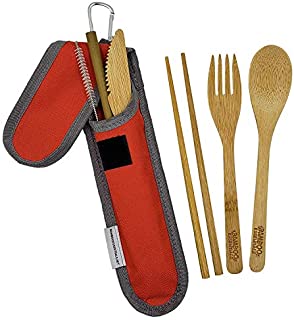 Bamboo Travel Utensil Set | Bamboo Fork, Knife, Spoon, Chopsticks, Straw, Straw-cleaning brush, Travel Pouch and Carabiner | Excellent For Everyday Use! ((1Set) Sunset Red)