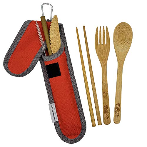 Bamboo Travel Utensil Set | Bamboo Fork, Knife, Spoon, Chopsticks, Straw, Straw-cleaning brush, Travel Pouch and Carabiner | Excellent For Everyday Use! ((1Set) Sunset Red)