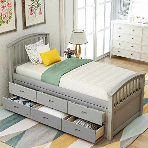 Wood Twin Bed with Storage Platform Bed with 6 Drawers and Headboard and Footboard Captain Bed for Kids, Twin