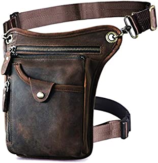 Le'aokuu Mens Genuine Leather Motorcycle Horse Riding Waist Pack Drop Leg Cross Over Bag (211-5 1 Dark Brown)