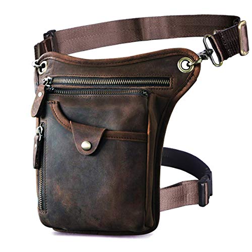 Le'aokuu Mens Genuine Leather Motorcycle Horse Riding Waist Pack Drop Leg Cross Over Bag (211-5 1 Dark Brown)