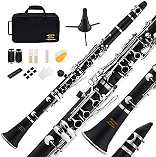 Eastar B Flat Clarinet Black Ebonite Clarinet Student Beginner, Nickel-plated Keys, with Mouthpiece, Protective Cap, 2 Connector, 8 Occlusion Rim, Clarinet Stand, 3 Reeds, Hard Case and More Keys