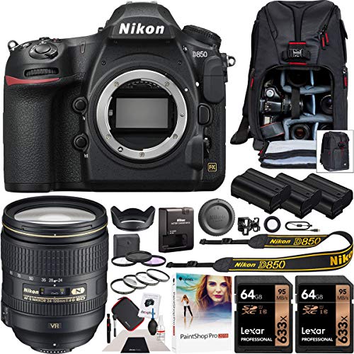 Nikon D850 FX-Format Full Frame Digital SLR DSLR Wi-Fi 4K Camera Body with AF-S FX NIKKOR 24-120mm f/4G ED VR Lens + Deco Gear Backpack Accessory Kit 2X 64GB (128GB Total) Triple Battery Pro Bundle