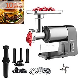 GoWISE USA GW88012 Electric Meat 2000-Watt Max Grinder with DC Motor with 3 Grinding Plates, Sausage Accessories, and Recipe Book, Large, Silver