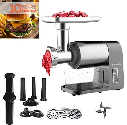 GoWISE USA GW88012 Electric Meat 2000-Watt Max Grinder with DC Motor with 3 Grinding Plates, Sausage Accessories, and Recipe Book, Large, Silver