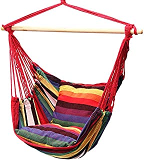 Lelly Q Hanging Rope Hammock Chair Swing Seat for Any Indoor or Outdoor Spaces- Max. 265 Lbs -2 Seat Cushions (Rainbow Stripes)