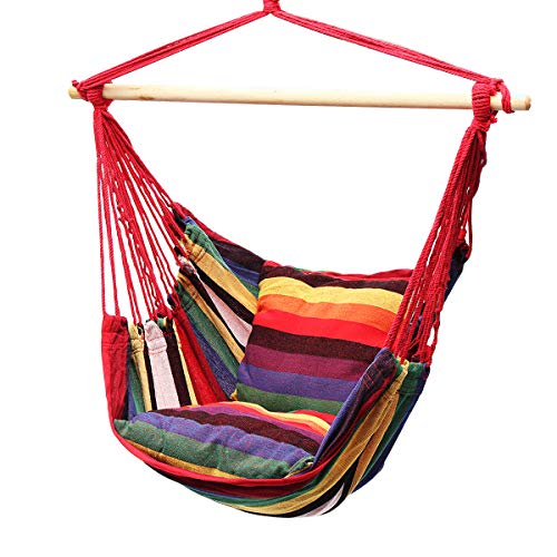 Lelly Q Hanging Rope Hammock Chair Swing Seat for Any Indoor or Outdoor Spaces- Max. 265 Lbs -2 Seat Cushions (Rainbow Stripes)