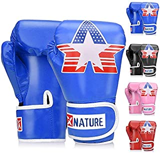 Xnature 4oz 6oz 8oz PU Kids Boxing Gloves w/Gift Box Children Cartoon MMA Kickboxing Sparring Youth Boxing Gloves Training Gloves Age 5-12 Years Blue