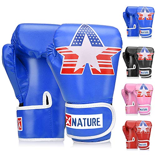 Xnature 4oz 6oz 8oz PU Kids Boxing Gloves w/Gift Box Children Cartoon MMA Kickboxing Sparring Youth Boxing Gloves Training Gloves Age 5-12 Years Blue