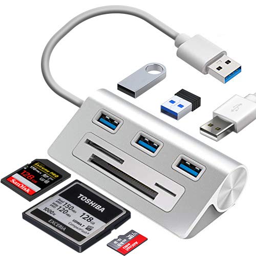 6-in-1 USB 3.0 Card Reader, Aluminum Data USB 3.0 Hub with 3 High-Speed Ports and 1 CF/SD/TF Card Reader, 12