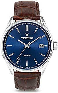 Vincero Luxury Mens Kairos Wrist Watch  Blue dial with Brown Leather Watch Band  42mm Analog Watch  Japanese Quartz Movement