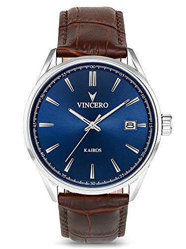 Vincero Luxury Mens Kairos Wrist Watch  Blue dial with Brown Leather Watch Band  42mm Analog Watch  Japanese Quartz Movement