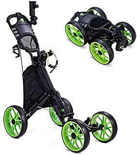 Kingdely 4 Wheel Golf Push Cart, Foldable Golf Trolley with with Umbrella Stand, Foot Brake, Cup Holder, Adjustable Handle, Storage Bag, Scorecard Holder Space, Green