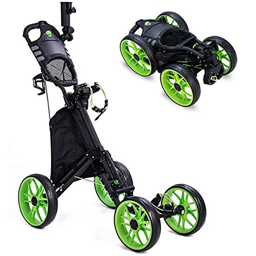 Kingdely 4 Wheel Golf Push Cart, Foldable Golf Trolley with with Umbrella Stand, Foot Brake, Cup Holder, Adjustable Handle, Storage Bag, Scorecard Holder Space, Green