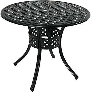 Sunnydaze Round Patio Dining Table - Outdoor Durable Cast Aluminum Construction - Decorative Lattice Design -Outside Patio Furniture with Umbrella Hole - Perfect for Porch or Poolside -33-Inch - Black