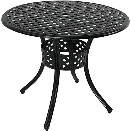 Sunnydaze Round Patio Dining Table - Outdoor Durable Cast Aluminum Construction - Decorative Lattice Design -Outside Patio Furniture with Umbrella Hole - Perfect for Porch or Poolside -33-Inch - Black