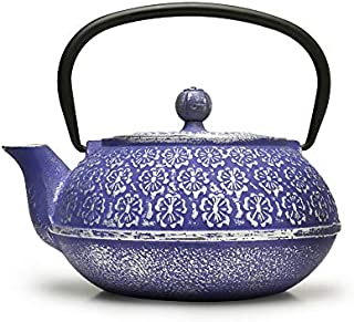 Primula Blue Floral Japanese Tetsubin Cast Iron Teapot Stainless Steel Infuser for Loose Leaf Tea, Durable Construction, Enameled Interior, 34 oz