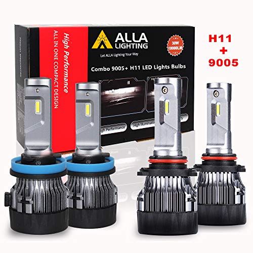 ALLA Lighting S-HCR H11 Low Beam HB3/9005 High Beam LED Bulbs Combo Kits Extreme Super Bright Replacement for Cars, Trucks, Xenon White (4 Packs, 2 Sets)