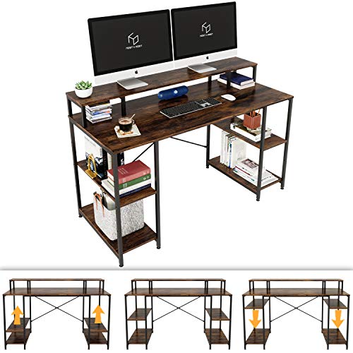 Nost & Host Computer Desk with Ergonomic Monitor Shelf & Storage, Dual Monitor Stand Hutch and Home Office Gaming & Working Sturdy Table with Adjustable Shelves, Easy Assemble, 55 inches, Rustic Brown