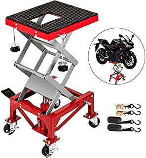 VEVOR Motorcycle Jack, Hydraulic Motorcycle Scissor Jack with 300LBS Load Capacity, Portable Lift Table, Adjustable Motorcycle Lift Jack, Red Motorcycle Lift Stand with Lockable Casters