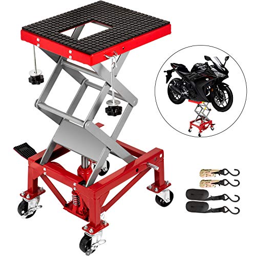 VEVOR Motorcycle Jack, Hydraulic Motorcycle Scissor Jack with 300LBS Load Capacity, Portable Lift Table, Adjustable Motorcycle Lift Jack, Red Motorcycle Lift Stand with Lockable Casters