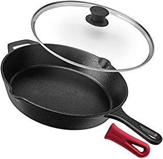 Pre-Seasoned Cast Iron Skillet (12-Inch) with Glass Lid and Handle Cover Oven Safe Cookware - Heat-Resistant Holder - Indoor and Outdoor Use - Grill, Stovetop, Induction Safe