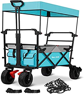 BEAU JARDIN Folding Wagon Cart with 1 Nylon Net 2 Straps Canopy Collapsible Utility Camping Grocery Canvas Fabric Sturdy Portable Rolling Buggies Outdoor Garden Heavy Duty Shopping Wide Wheel Blue .