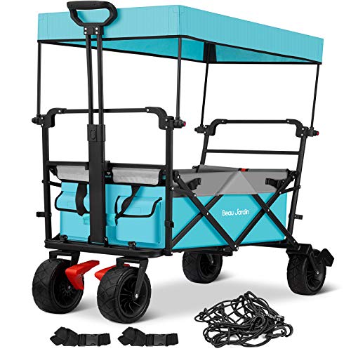 BEAU JARDIN Folding Wagon Cart with 1 Nylon Net 2 Straps Canopy Collapsible Utility Camping Grocery Canvas Fabric Sturdy Portable Rolling Buggies Outdoor Garden Heavy Duty Shopping Wide Wheel Blue .