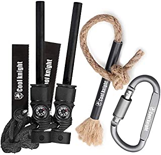 Cool knight Magnesium Fire Starter & Tinder Wick Fire Starter Rope Kit,Compass & Whistle for Camping, Hiking, Emergency Survival-Hiking-All-Weather Magnesium Ferro Rod