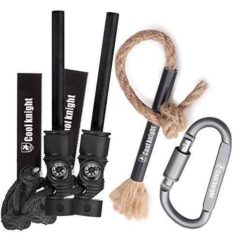 Cool knight Magnesium Fire Starter & Tinder Wick Fire Starter Rope Kit,Compass & Whistle for Camping, Hiking, Emergency Survival-Hiking-All-Weather Magnesium Ferro Rod