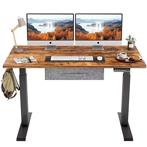 FEZIBO Electric Height Adjustable Standing Desk with Drawer, 48 x 24 Inches Splice Board, Black Frame/Rustic Brown Top