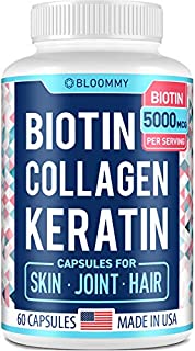 Biotin, Collagen & Keratin Capsules - Joints, Skin & Hair Natural Vitamins - Made in USA - Biotin & Collagen Supplements for Women - Collagen Pills for Hair Care - Collagen Peptides Pills - 60 caps