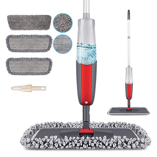 MEXERRIS Microfiber Spray Mops For Floor Cleaning, Wet Dry Dust Hardwood Kitchen Floor Mop With 410ML Refillable Bottle 360°Rotatable Mop For Laminate Wood Tiles Include 3 Reusable Pads and 1 Scrubber