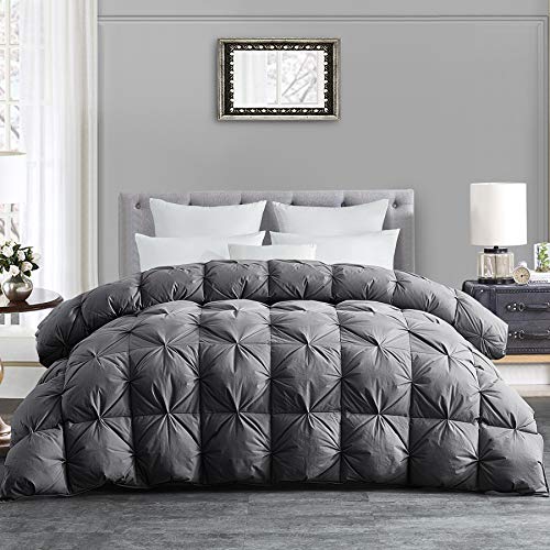 HOMBYS All-Season Goose Down Comforter King Size Duvet Insert Feather Hypo-allergenic Grey Pinch Pleat 100% Cotton Cover Down Proof with Corner Tabs Premium Baffle Box Design---Gray Down Comforter