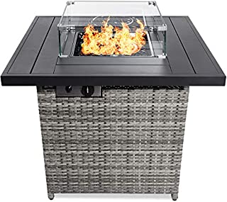 Best Choice Products 32in Fire Pit Table 50,000 BTU Outdoor Wicker Patio Propane Gas w/Glass Wind Guard, Aluminum Tabletop, Glass Rocks, Tank Storage, Lid, Cover - Ash Gray