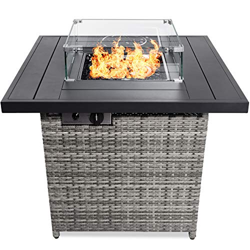 Best Choice Products 32in Fire Pit Table 50,000 BTU Outdoor Wicker Patio Propane Gas w/Glass Wind Guard, Aluminum Tabletop, Glass Rocks, Tank Storage, Lid, Cover - Ash Gray