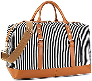 CAMTOP Weekend Travel Bag Ladies Women Duffle Tote Bags PU Leather Trim Canvas Overnight Bag Luggage (Black Striple)