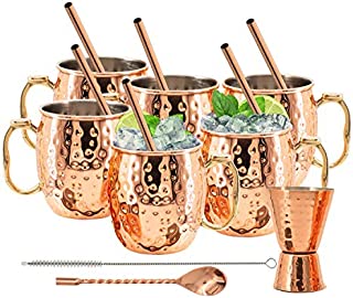 Kitchen Science Stainless Steel Lined Moscow Mule Copper Mugs 18 Ounce Gift Set of 6 Mugs Plus Bonus! Get a gift set of 1 copper jigger, 6 copper straws, 1 copper stirring spoon, and 1 straw brush!