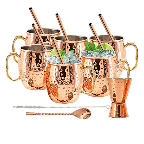 Kitchen Science Stainless Steel Lined Moscow Mule Copper Mugs 18 Ounce Gift Set of 6 Mugs Plus Bonus! Get a gift set of 1 copper jigger, 6 copper straws, 1 copper stirring spoon, and 1 straw brush!