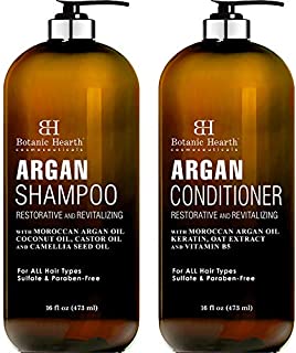 BOTANIC HEARTH Argan Oil Shampoo and Conditioner Set - with Keratin, Restorative & Moisturizing, Sulfate Free - All Hair Types & Color Treated Hair, Men and Women - (Packaging May Vary) -16 fl oz each