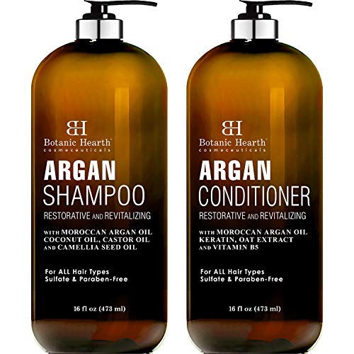 BOTANIC HEARTH Argan Oil Shampoo and Conditioner Set - with Keratin, Restorative & Moisturizing, Sulfate Free - All Hair Types & Color Treated Hair, Men and Women - (Packaging May Vary) -16 fl oz each