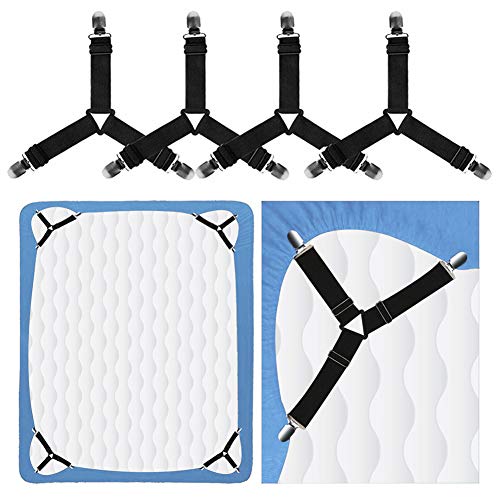 Bed Sheet Holder Straps, Rareccy Adjustable Bed Sheet Fastener and Triangle Elastic Mattress Sheet Clips Suspenders Grippers Fasteners Heavy Duty Keeping Sheets Place for Bedding Mattress (4 PCS)