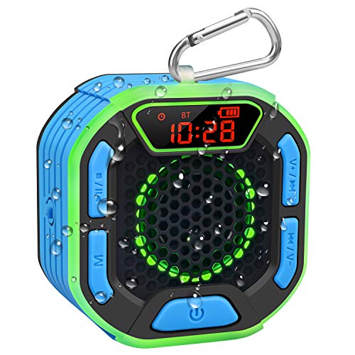 DuoTen Shower Speaker, IPX7 Waterproof Portable Bluetooth Speakers with Loud Stereo Sound, LED Display, Light Show, FM Radio, Suction Cup, Sturdy Hook for Home, Party, Outdoor, Travel, Pool, Hiking