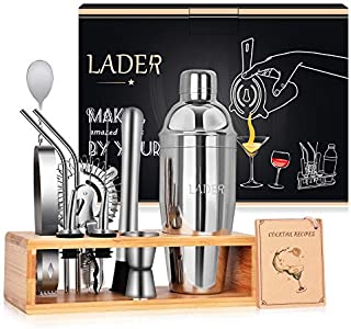 Bartender Kit - LADER 14-Piece Cocktail Shaker Set, Premium Stainless Steel Bar Tool Set with Sleek Bamboo Stand for Beginners or Professionals in Home, Bars, Parties (Silver)