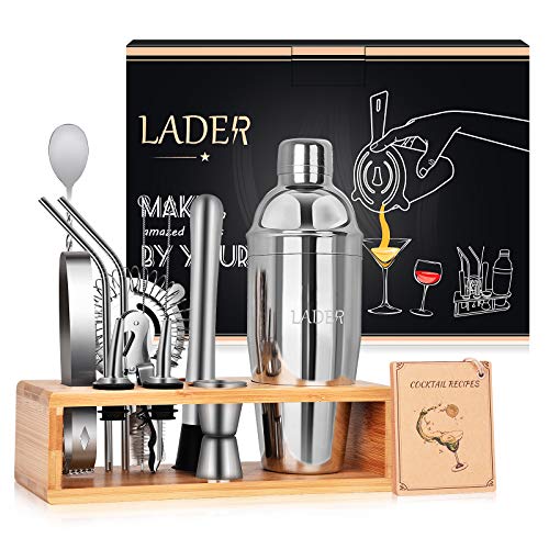 Bartender Kit - LADER 14-Piece Cocktail Shaker Set, Premium Stainless Steel Bar Tool Set with Sleek Bamboo Stand for Beginners or Professionals in Home, Bars, Parties (Silver)