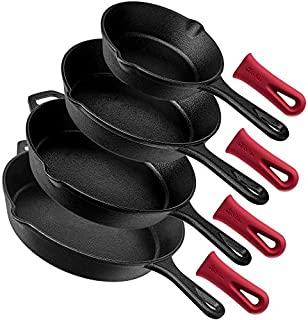 Pre-Seasoned Cast Iron Skillet 4-Piece Chef Set (6-Inch 8-Inch 10-Inch 12-Inch) Oven Safe Cookware - 4 Heat-Resistant Holders - Indoor and Outdoor Use - Grill, Stovetop, Induction Safe