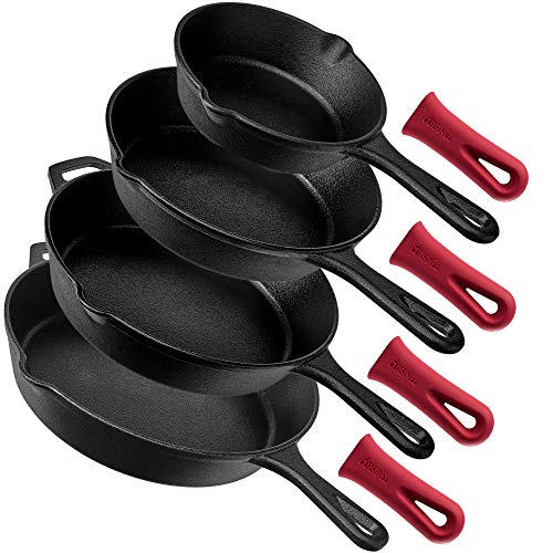 Pre-Seasoned Cast Iron Skillet 4-Piece Chef Set (6-Inch 8-Inch 10-Inch 12-Inch) Oven Safe Cookware - 4 Heat-Resistant Holders - Indoor and Outdoor Use - Grill, Stovetop, Induction Safe