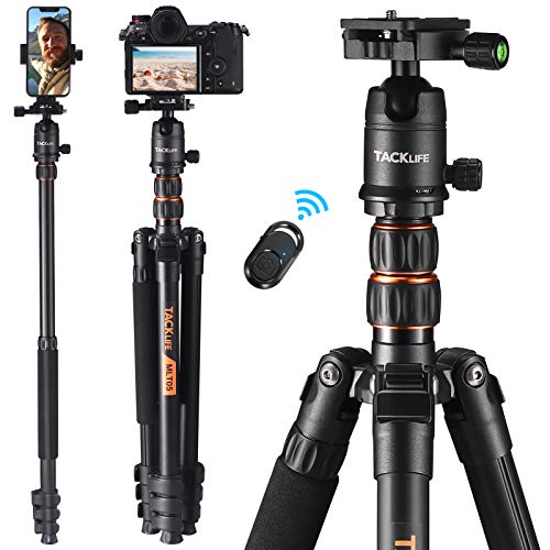 TACKLIFE 77 Inch Tripod with Monopod, Max Load Capacity of 18 Lbs, Aluminum Travel Tripod with 360 ° Ball Head & Quick Release Mount, Bluetooth Remote, Suitable for Smartphone and DSLR Camera -MLT05