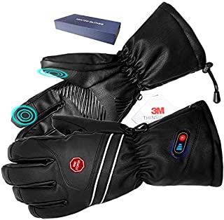 Kamlif Heated Gloves for Men Heat Touch Screen Leather Gloves Electric Rechargeable Battery Powered Ski Gloves Hand Warmer in Winter Cold Weather Outdoor Activities